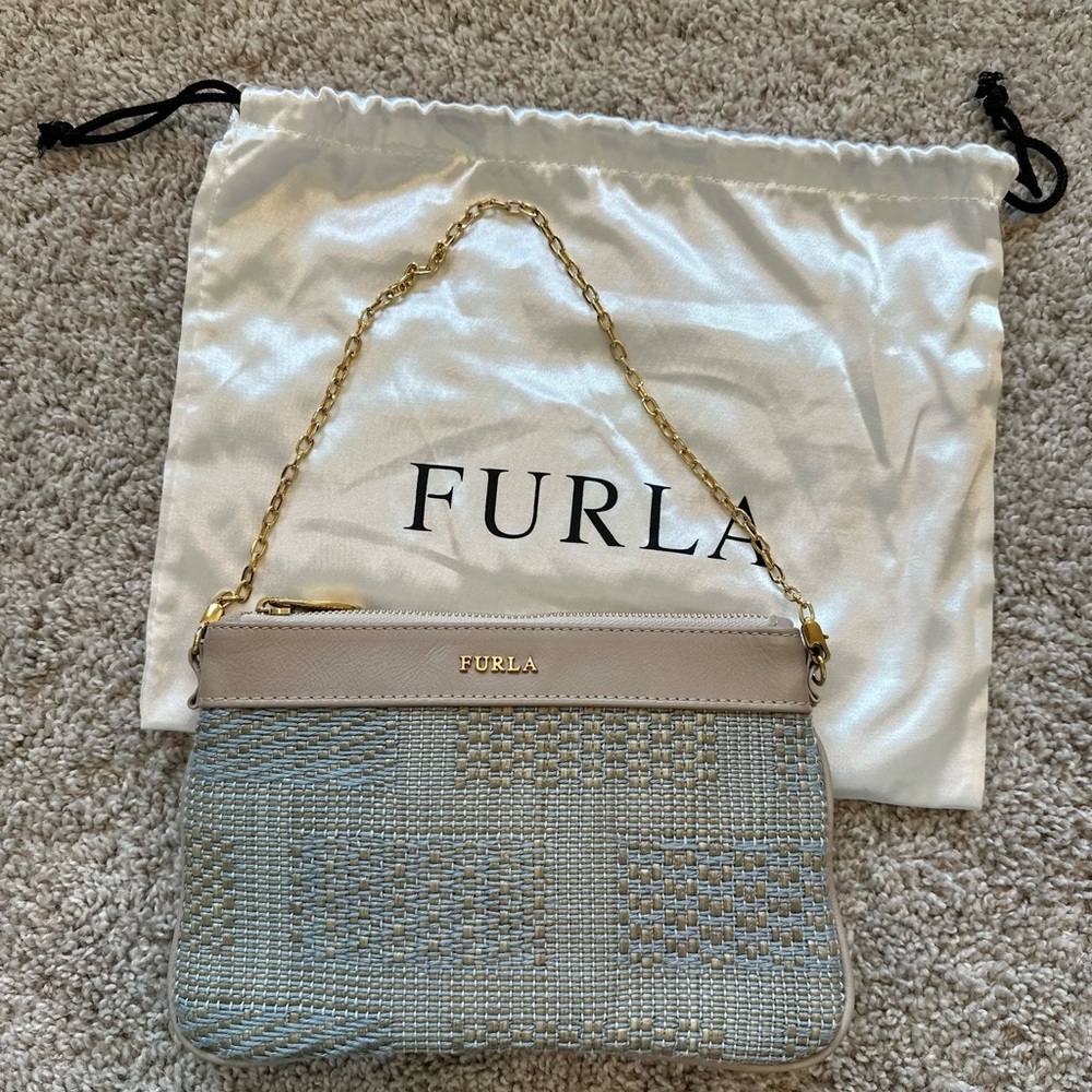 Furla Blue, Tan and Gold Clutch with Elegant Design